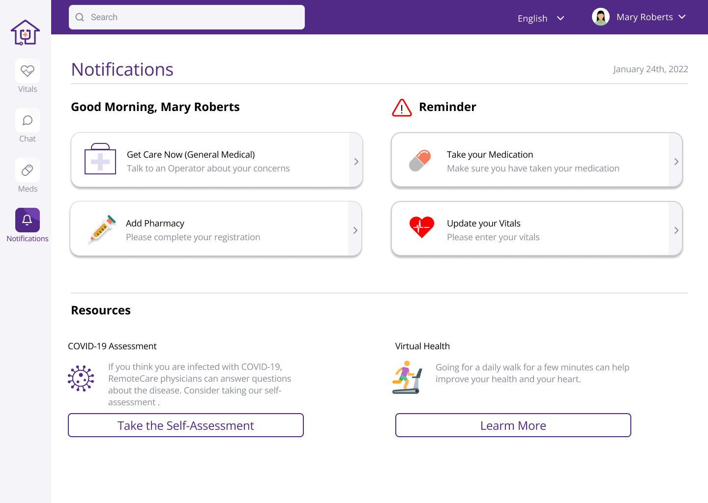 Remote Care Notifications Page